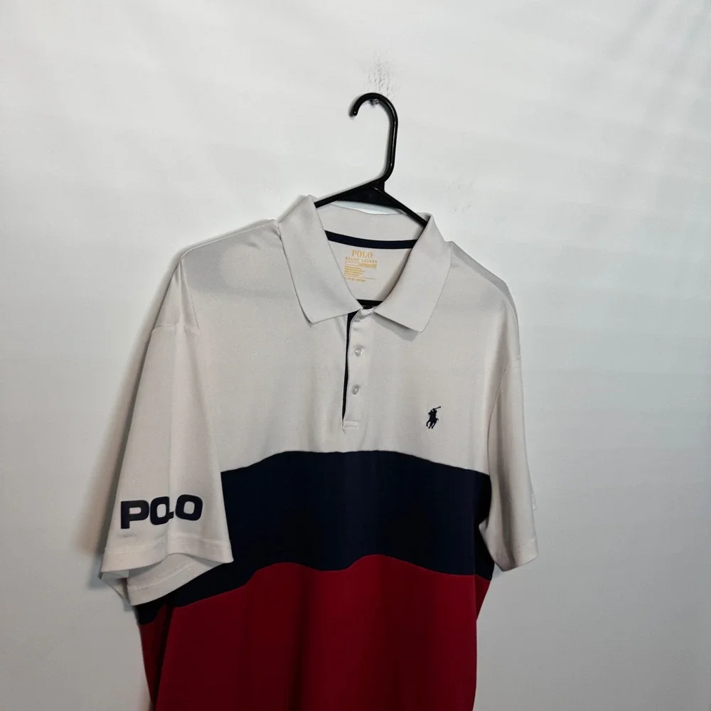 Polo Ralph Lauren Performance Polo Mens XL White Navy Red Colorblock Stretch
